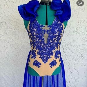Blue Lace appliqué bodysuit with train